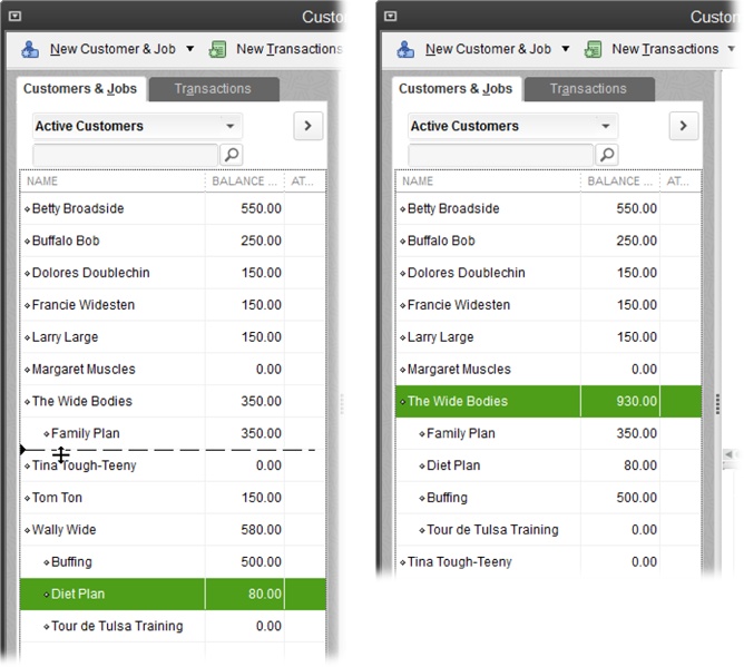 Left: When your cursor changes to a four-headed arrow, drag within the Customers & Jobs tab to move the job. As you drag, a horizontal line between two arrowheads shows you where the job will go when you release the mouse button.Right: After reassigning all the jobs to the customer you intend to keep, you can merge the now-jobless customer into the other. When the merge is complete, you see only the customer you kept.