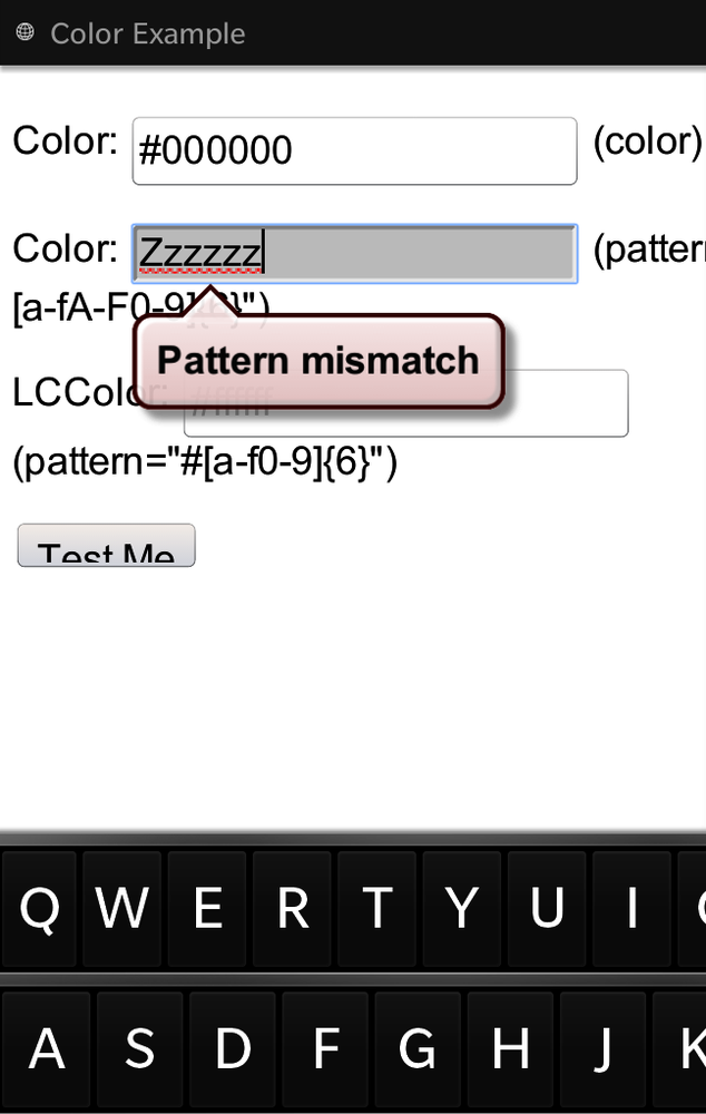 Native validation displays an error message when a pattern mismatch occurs (BlackBerry 10)
