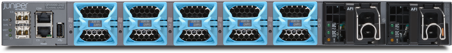 The rear of the Juniper QFX5100-24Q, illustrating the AFI air flow on the fans and power supplies