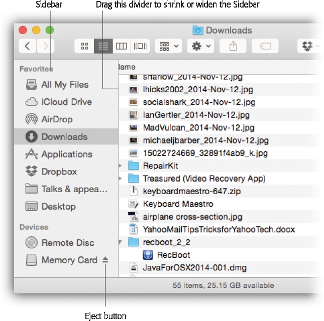 Good things to put in the Sidebar: favorite programs, disks on a network you often connect to, a document you’re working on every day, and so on. You can drag a document onto a folder icon to file it there, drag a document onto a program’s icon to open it with the “wrong” program, and so on.