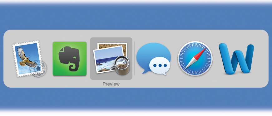 Apple calls this row of open program icons a “heads-up display,” named after the projected data screen on a Navy jet windshield that lets pilots avoid having to look down at their instruments.