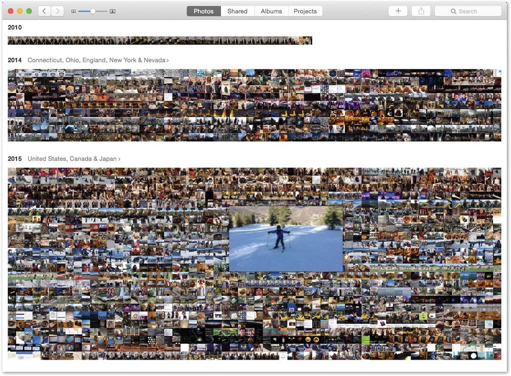 Whenever you’re looking at a grid of tiny thumbnail images (in a Year, Collection, or Moment), hold your mouse down within the batch. A larger thumbnail sprouts from your cursor, and you can slide your mouse around within the mosaic to find a particular photo, or batch of them. Release to open that photo at full-screen size for inspection.