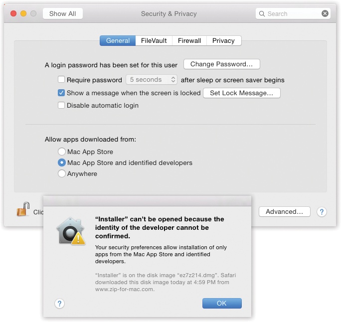 Top: The “Allow apps downloaded from” options are, in fact, the face of Gatekeeper.Bottom: If you try to open a downloaded program that Apple can’t vouch for, you get this admonishing dialog box.