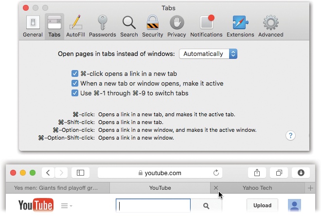 Top: Set up tabbed browsing in Preferences→Tabs. (For best results, turn on “When a new tab or window opens, make it active.”)Bottom: Now, when you ⌘-click a link, or type an address and press ⌘-Return, you open a new tab, not a new window as you ordinarily would. You can now pop from one open page to another by clicking the tabs just under your Bookmarks bar, or close one by clicking its button (or pressing ⌘-W).