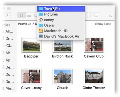 Right-click or two-finger click a Finder window’s title bar to summon the hidden folder hierarchy menu. This trick also works in most other OS X programs. For example, you can right-click a document window’s title to find out where the document is actually saved on your hard drive.