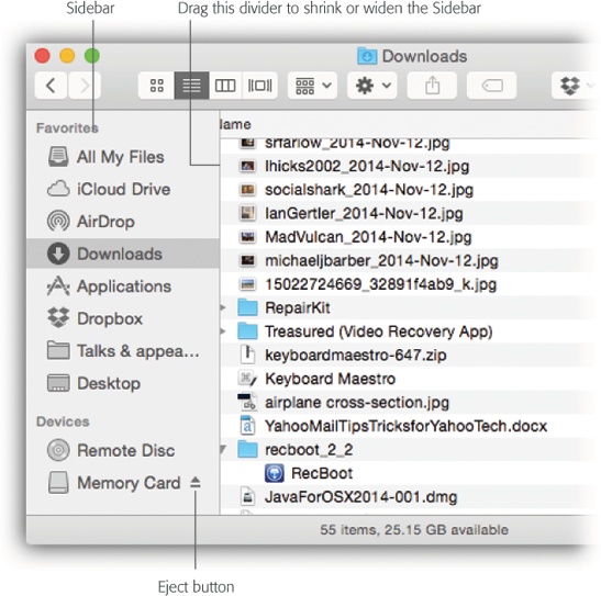 Good things to put in the Sidebar: favorite programs, disks on a network you often connect to, or a document you’re working on every day. You can drag a document onto a folder icon to file it there, drag a document onto a program’s icon to open it with the “wrong” program, and so on.