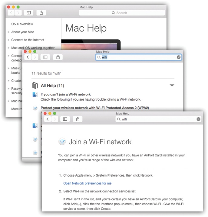 The Help Center (top) likes to help with big-ticket computer tasks like joining a network, setting up your email program, or browsing the web. Once you perform a search for some topic (middle), you get a details page (bottom) that offers a list of finely grained step-by-steps.The Help windows try to be helpful by floating stubbornly in front of all your other windows. That, actually, can be frustrating, since you can’t see the software you’re reading about. The best solution is to make the window narrow and park it at the edge of your screen.
