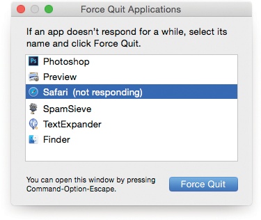 When you press Option-⌘-Esc or choose Force Quit from the menu, a tidy box listing all open programs appears. just click the one you want to abort, click force quit, and click force quit again in the confirmation box. (using more technical tools like the unix kill command, there are other ways to jettison programs. but this is often the most convenient.)