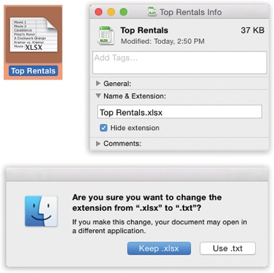 Top: In the Info window, open the Name & Extension pane. Now you can see what OS X really thinks your file is called. Turn on “Hide extension” if you’d rather not see the file name suffix in the Finder.Bottom: If you try to add a suffix of your own, OS X objects, in effect saying, “Hey—I’ve already got a file name extension for this, even if you can’t see it. Are you sure you know what you’re doing?” (And you can turn off this warning, if you like. Choose Finder→Preferences→Advanced pane. Turn off “Show warning before changing an extension.”)