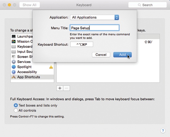 If you choose All Applications from the top pop-up menu, you can change the keyboard combo for a certain command wherever it appears. You could, for example, change the keystroke for Page Setup in every program at once. (Beware the tiny yellow triangles; they let you know if a chosen keystroke conflicts with another OS X keystroke.)