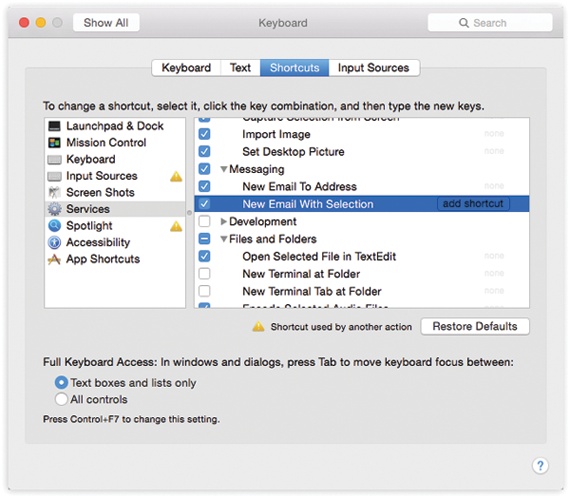 The keyboard-shortcut center lets you redefine the keystrokes that trigger many basic OS X features, menu commands in your programs, and software you’ve built yourself using Automator.