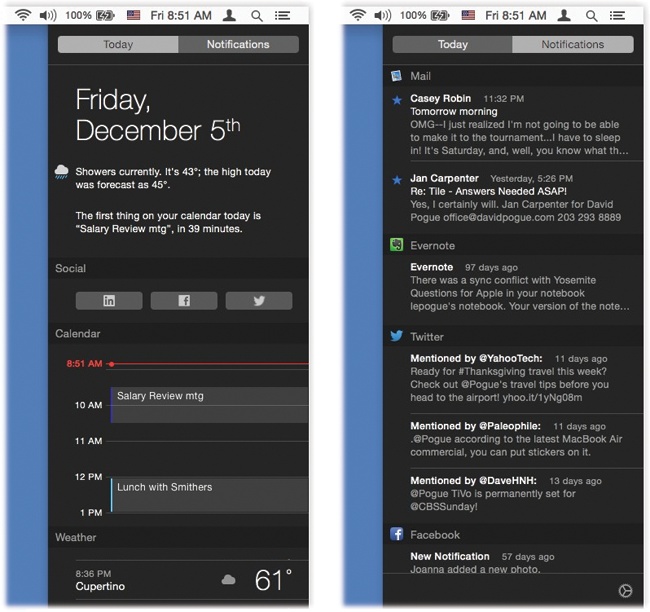 Right: Here’s the Notification Center, where all those incoming messages pile up, for your inspection pleasure.Left: The Today view shows everything you’ve got coming up—as well as the information widgets you’ve installed here (page 604).