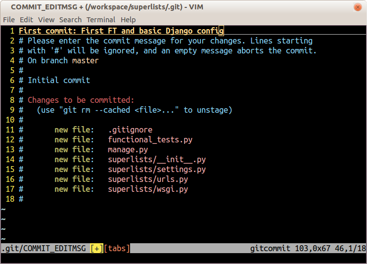 Screenshot of git commit vi window