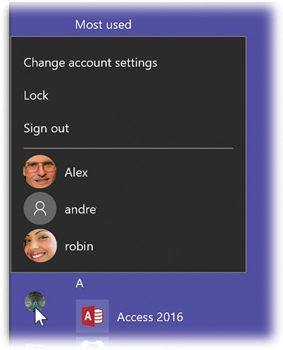 Your account icon isn’t just an icon; it’s also a pop-up menu. Click it to see the “Sign out” and “Lock” commands, as well as a shortcut to your account settings.