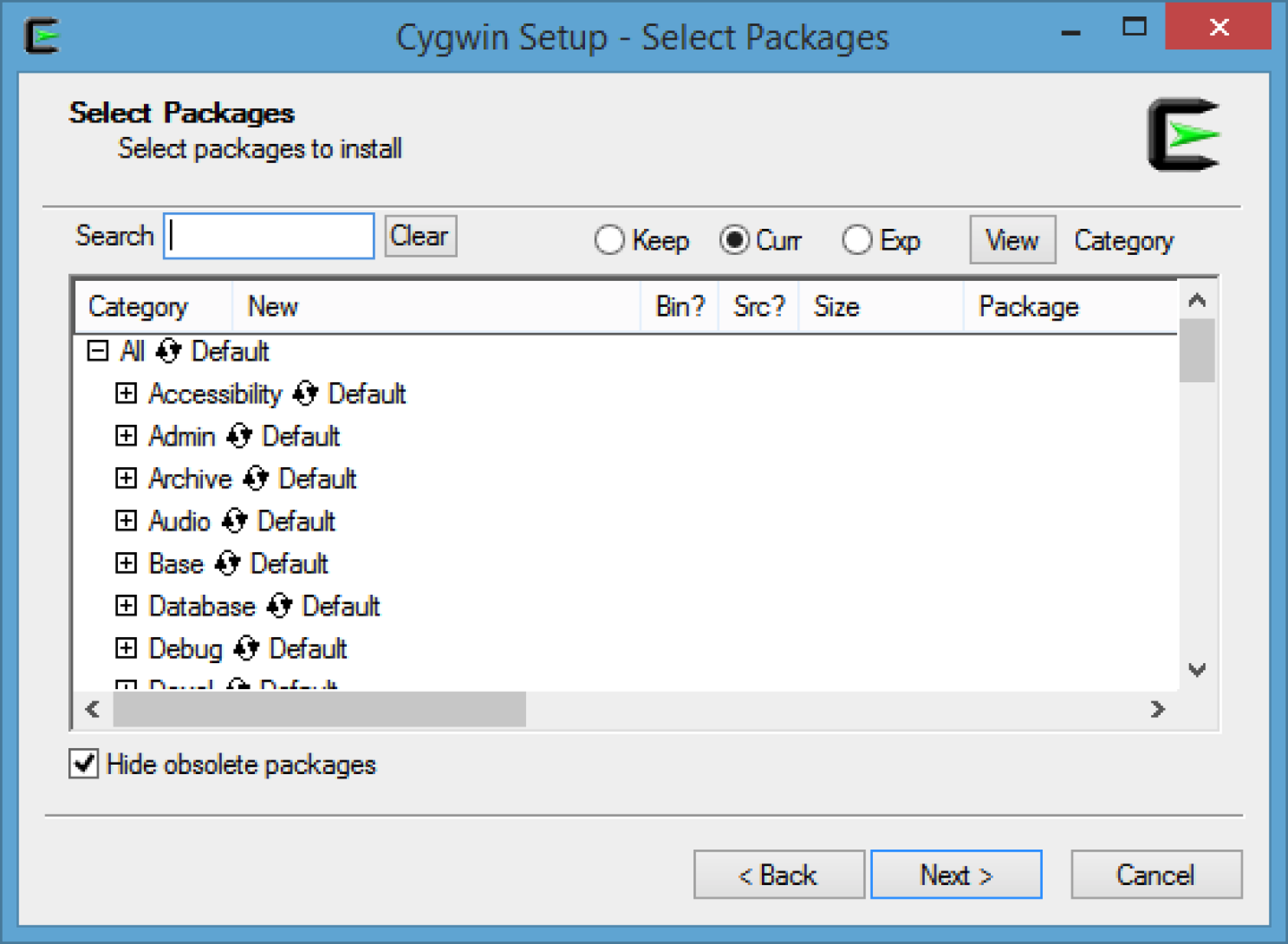 Cygwin’s setup dialog box.