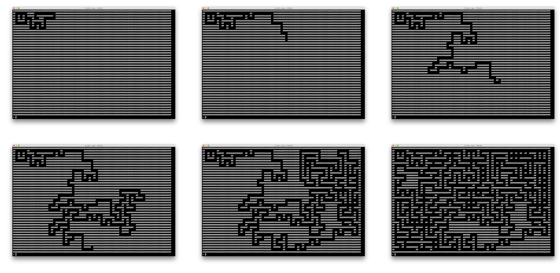 A time-lapse sequence of our maze generation. These images were created by using a modified version of the code in this chapter.