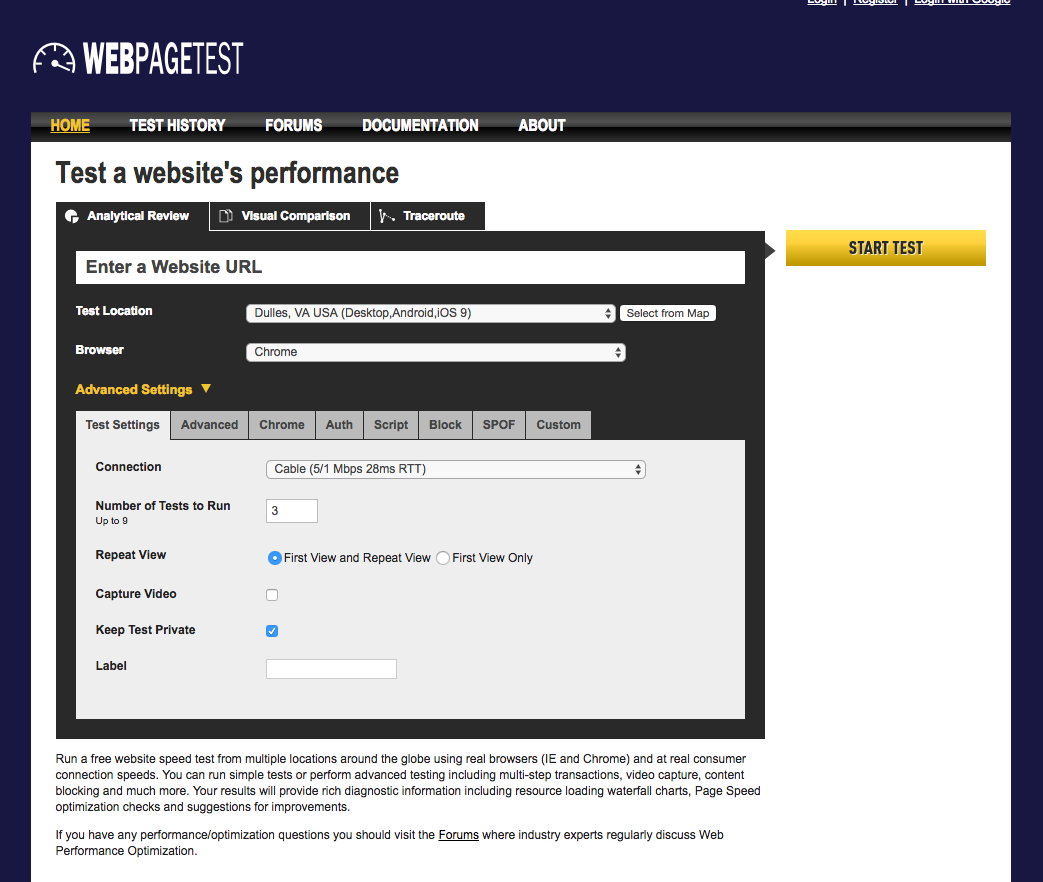 The WebPageTest homepage