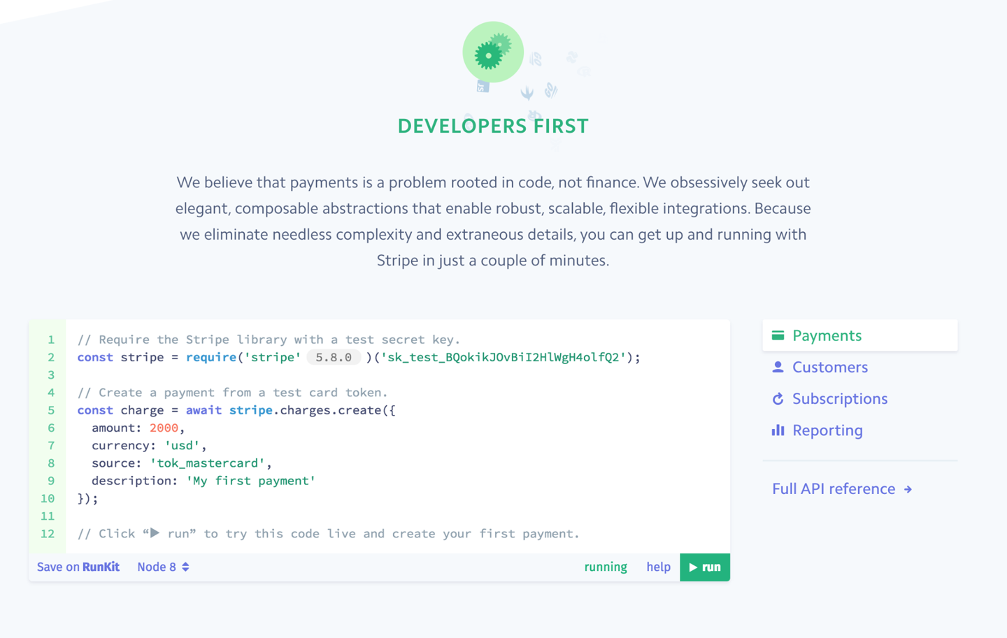 Developers can try the Stripe API without signing-up
