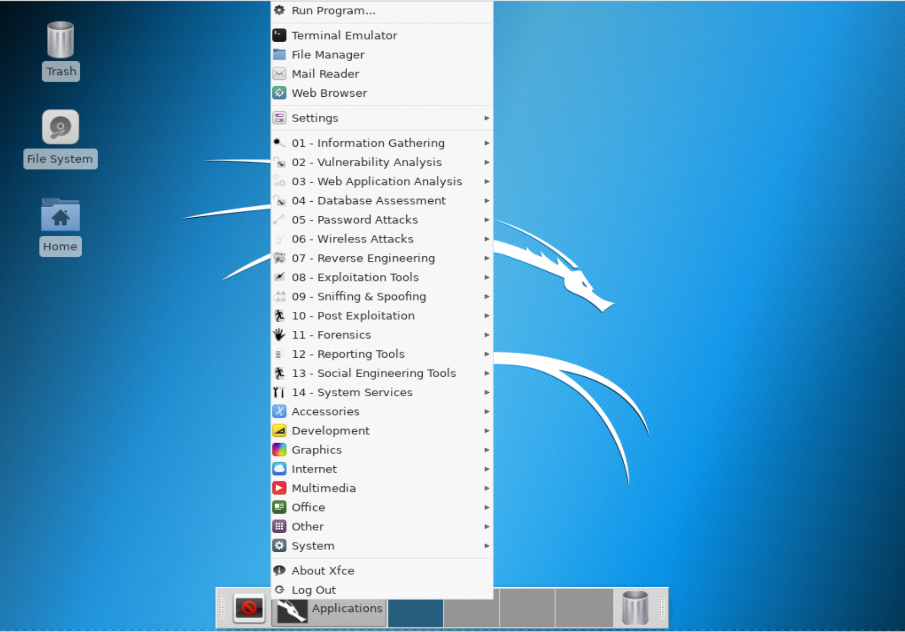 Xfce Desktop Showing Applications Menu