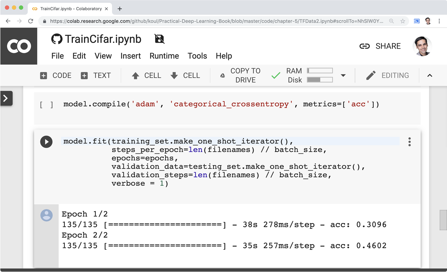 Screenshot of a notebook on GitHub running on Colab inside Chrome