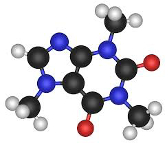 A simple representation of a caffeine molecule as a ball-and-stick diagram. Atoms are represented as colored balls (black is carbon, red is oxygen, blue is nitrogen, white is hydrogen) joined by sticks which represent chemical bonds.