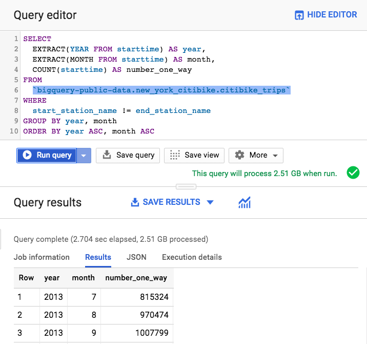 Running a query to compute the number of one-way rentals in the BigQuery web UI.