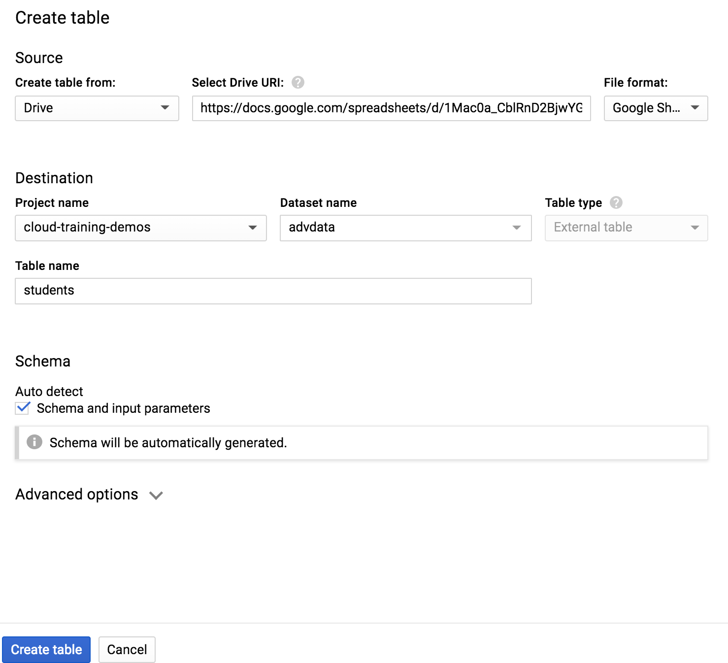 The “Create table” dialog box allows you to specify that the external data source is Google Sheets.