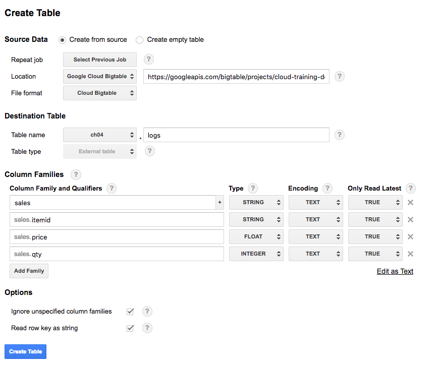 Creating an external table in BigQuery to point to data in Cloud Bigtable