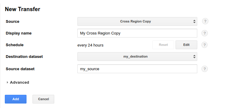 Initiate a scheduled cross-region dataset copy from the Data Transfer Service UI by specifying that the source is a cross-region copy.