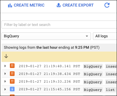 To view logs from the BigQuery ingest jobs in the previous section, for example, you would go to the Stackdriver section of the GCP Cloud Console.