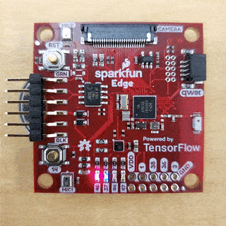 A still from a video showing the SparkFun Edge with two LEDs lit