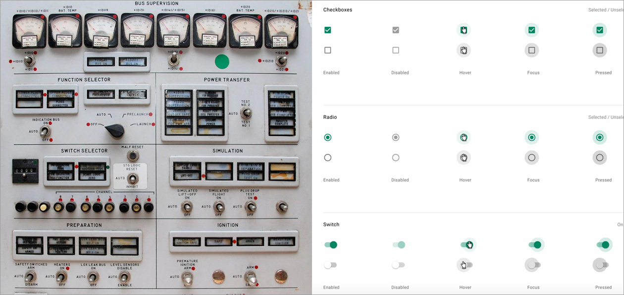 Comparison between control panel elements and typical form elements (source: Jonathan H. Ward [left], Google’s Material Design [right])