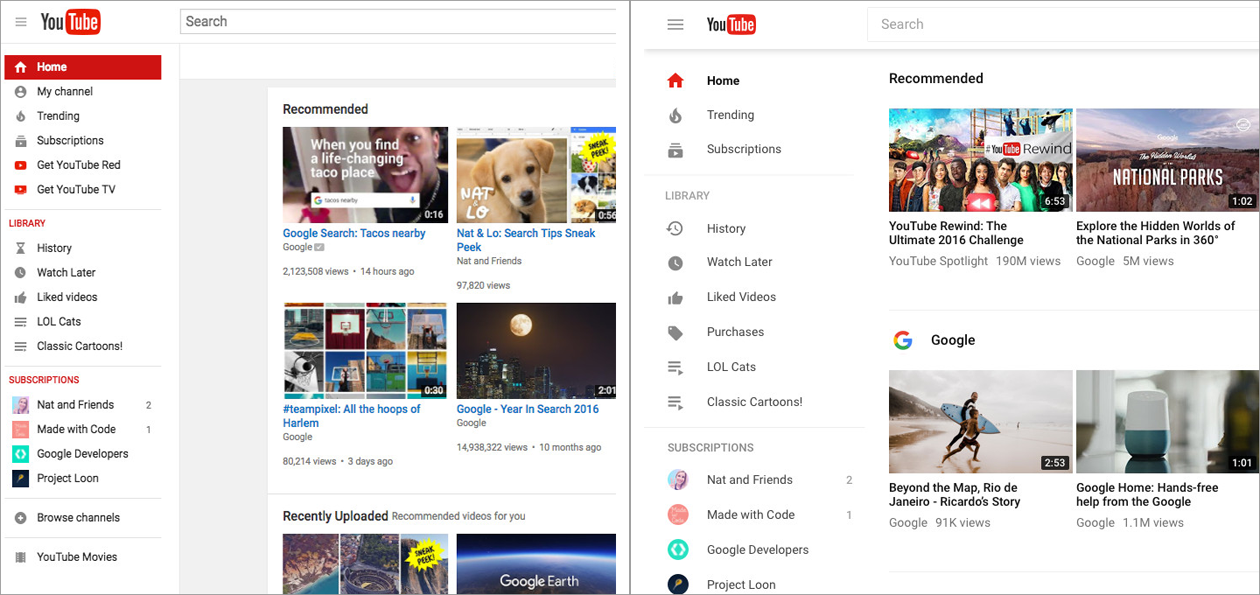 Before (left) and after (right) comparison of YouTube redesign in 2017 (source: YouTube)