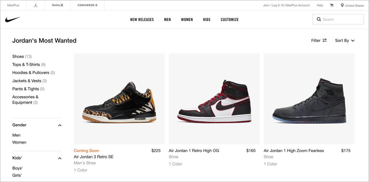 Chunking is commonly used to group products and filters on ecommerce websites (source: Nike.com, 2019)