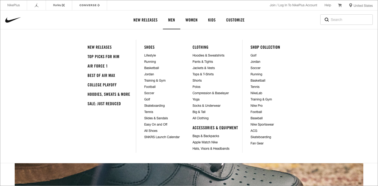 Despite not limiting menu items to seven, the navigation on Nike.com is easily comprehensible (source: Nike.com, 2019)