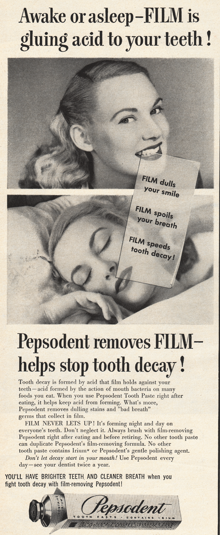 Pepsodent advertisement from 1950, highlighting the cue for the habit of brushing teeth: tooth film (courtesy of vintage-adventures.com)