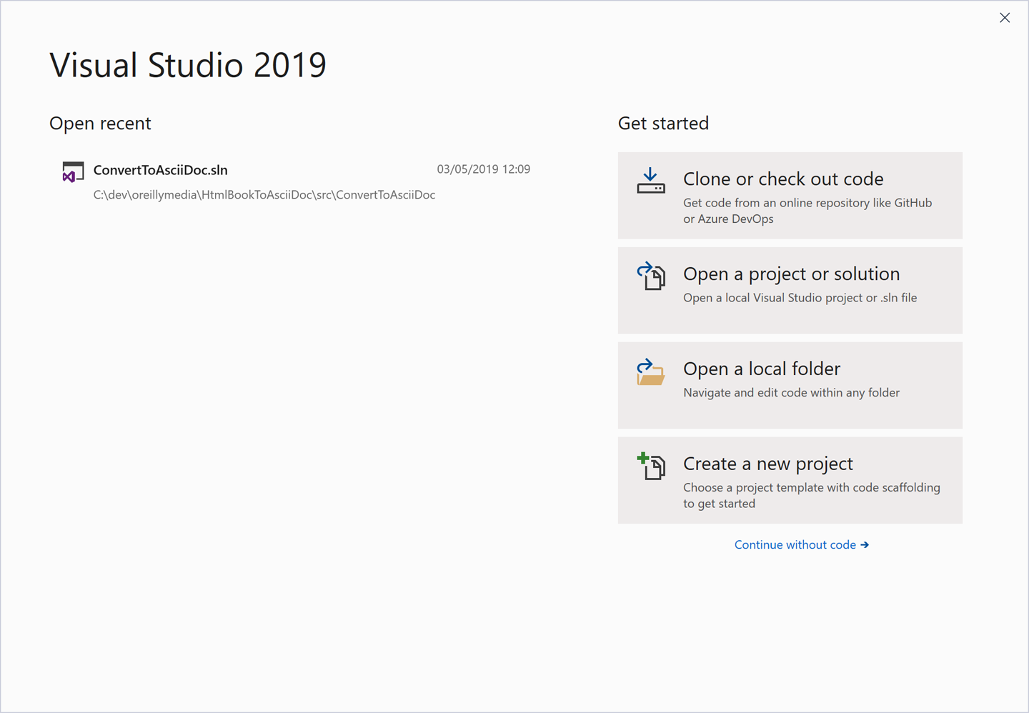 Visual Studio's Get started window
