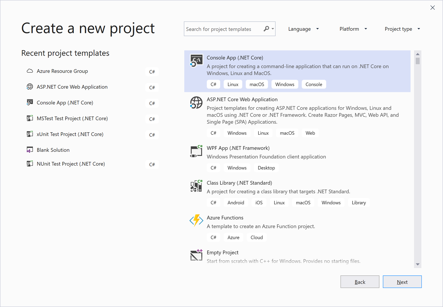 Visual Studio's Create a new project dialog