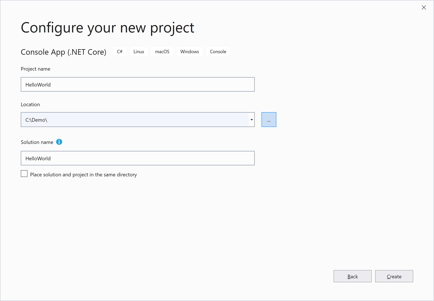 The Configure your new project dialog