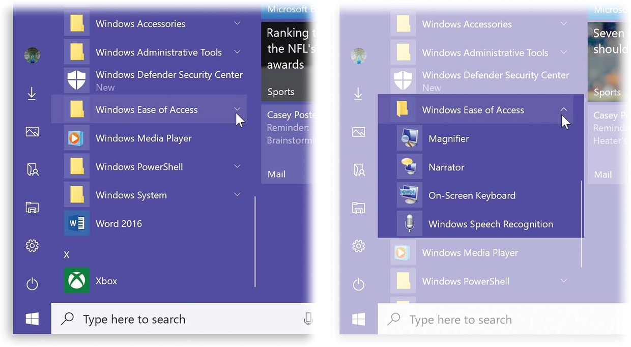 You know when you’re looking at a folder in the “All apps” list, because a appears to the right of its name (left). Click the folder’s name to expand the listing—to see what’s hiding inside. (You don’t have to click squarely on the .) When the folder is expanded (shown highlighted at right), the symbol changes to , just in case you didn’t get the point.