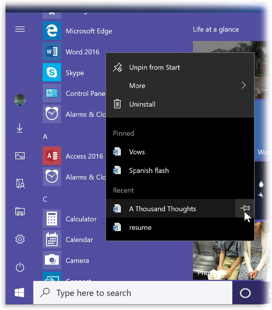 For some programs, the Start menu can display the most recently opened documents in each program. Right-click the program name to see them.