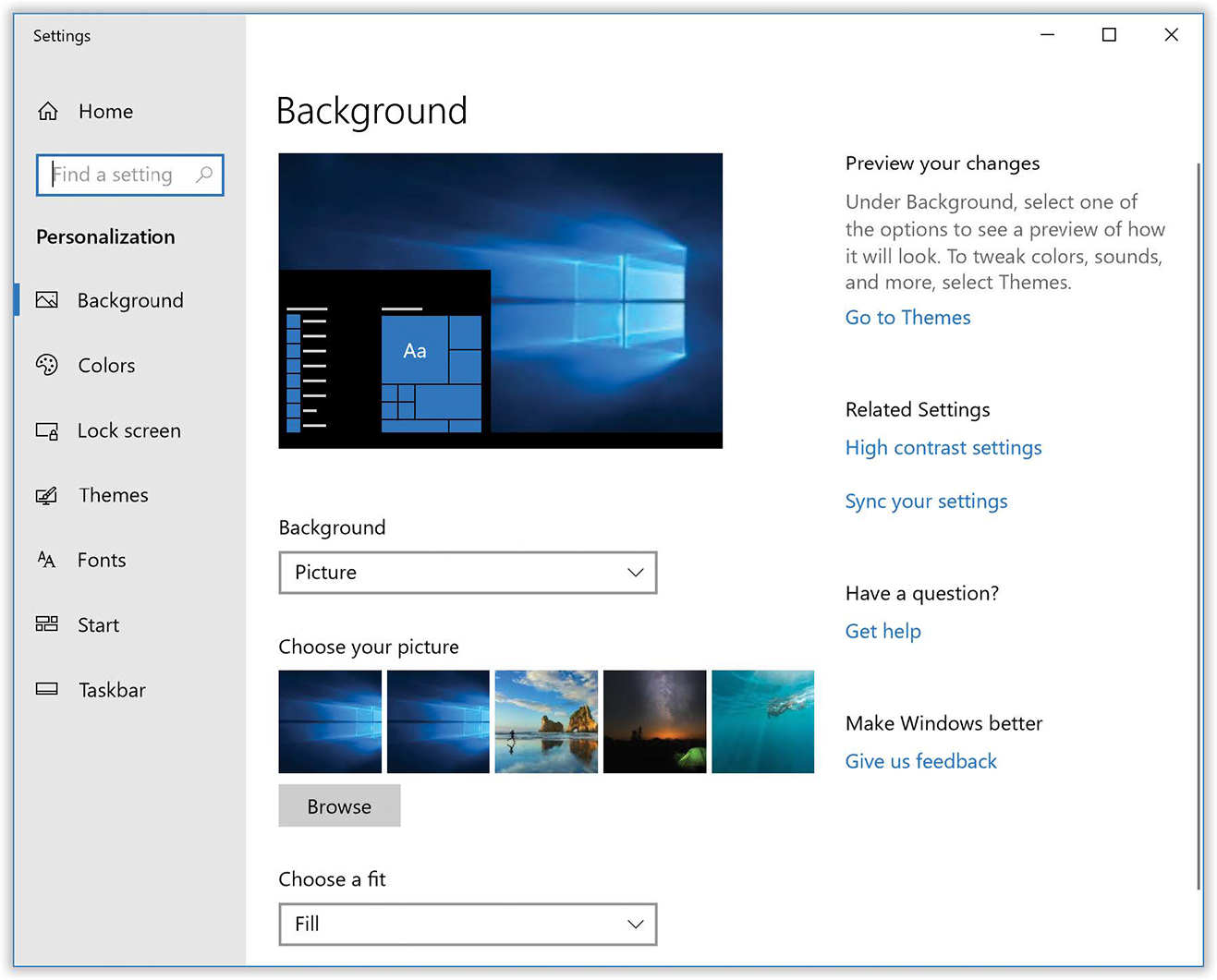 The Personalization tab of Settings offers a simplified diagram of your desktop. As you adjust the background and color-scheme options, this miniature desktop changes to show how it will look.
