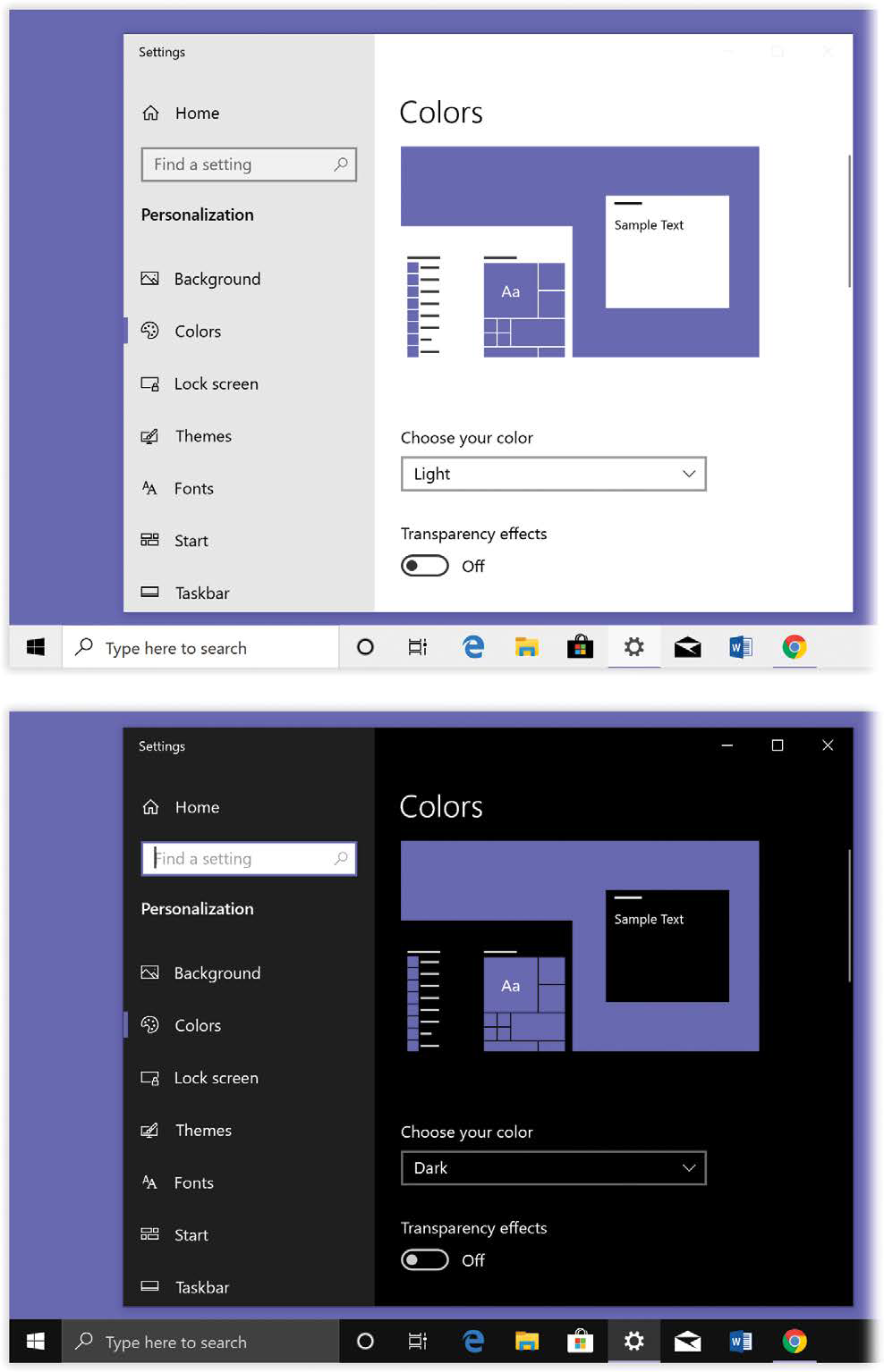 The “Choose your color” menu offers three options. There’s Light (top), featuring the newly sparkling-white backgrounds of the May 2019 Update; Dark (bottom); and Custom.