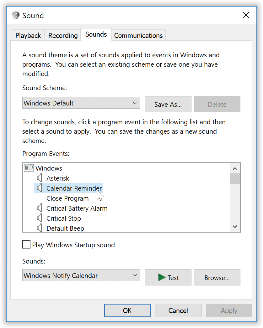 Each set of sounds is called a sound scheme. Sometimes the sound effects in a scheme are even sonically related. (Perhaps the collection is totally hip-hop, classical, or performed on a kazoo.) To switch schemes, use the Sound Scheme drop-down menu. You can also define a new scheme of your own. Start by assigning individual sounds to events, and then click the Save As button to save your collection under a name you create.