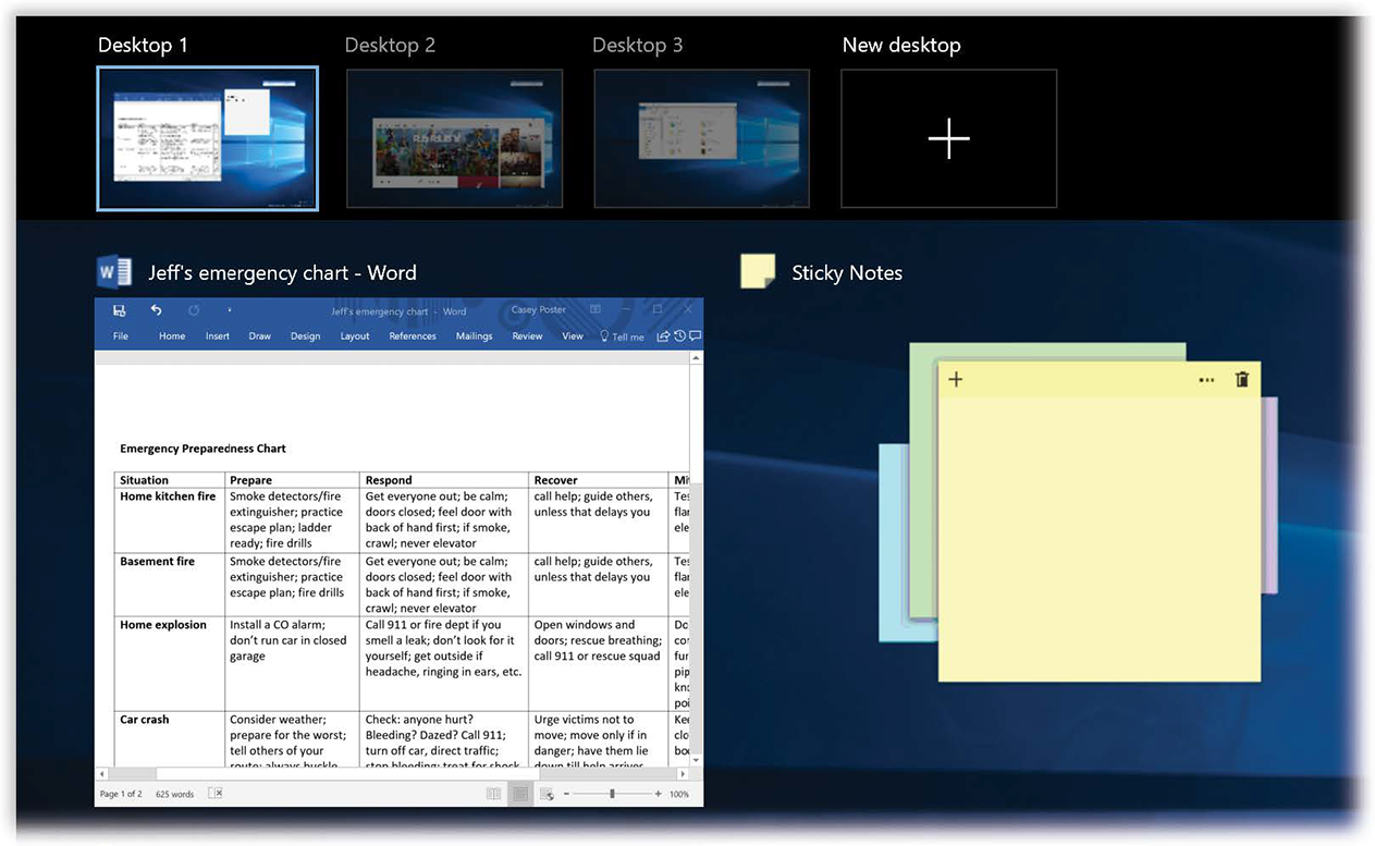 In Timeline view, click “New desktop” (far right) to create the thumbnails of new virtual screens; in this image, three desktops are shown. Then point to the desktop that contains the app window you want to move; that desktop’s windows appear below at half size. Drag directly to the desktop thumbnail you want.