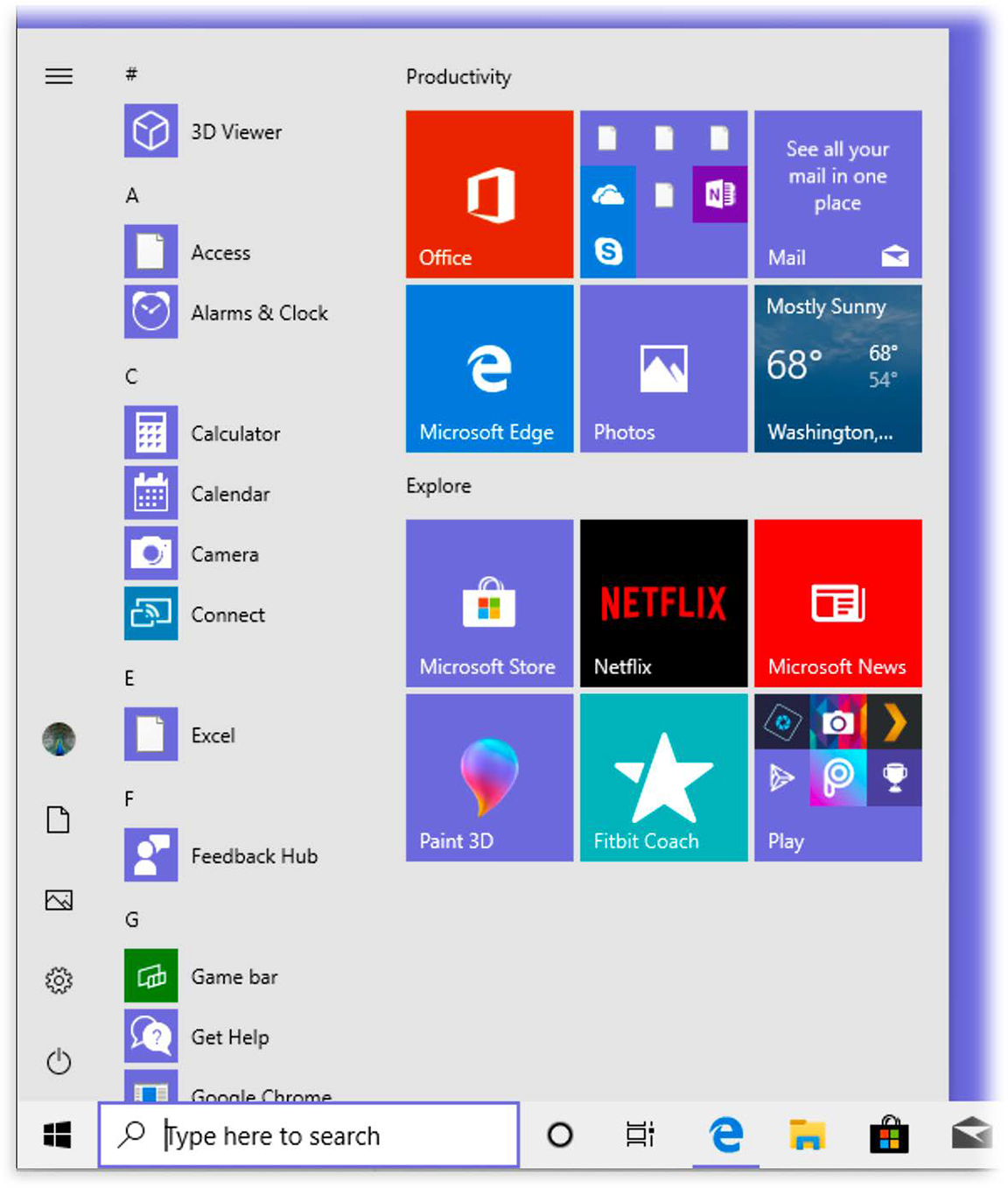 In Windows 10, the right side of the Start menu offers what Microsoft calls live tiles; many of them display useful information without your even having to click, like the weather, the news, the latest tweets and email, and your next appointment.