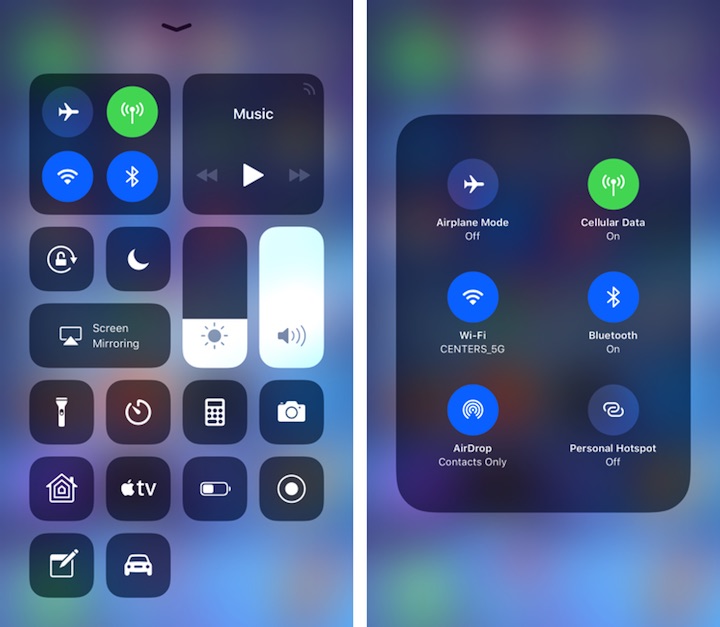 Figure 14: Control Center gives you quick access to network settings, brightness, audio controls, and more, including the iPhone’s flashlight. To see more options, press a control.