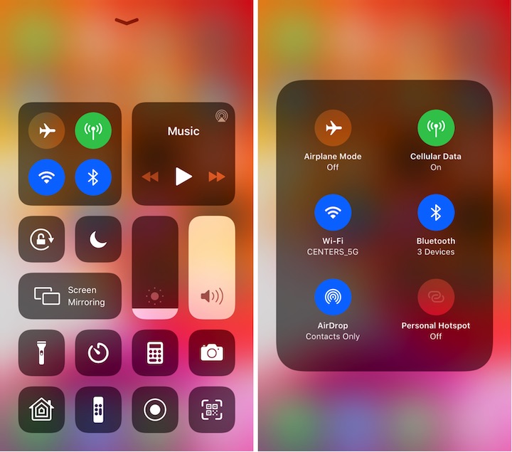 Figure 12: Control Center gives you quick access to network settings, brightness, audio controls, and more, including the iPhoneâs flashlight. To see more options, press a control.