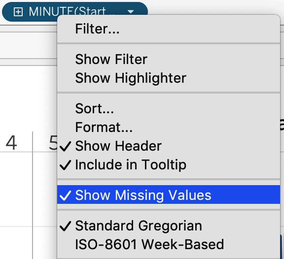 To show missing values, right-click the date field and select Show Missing Values