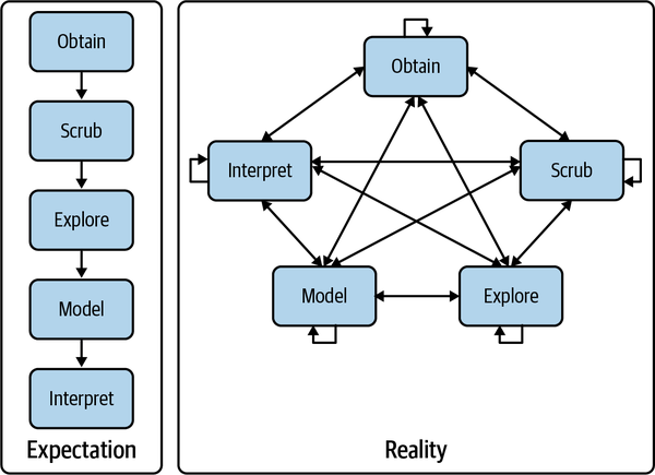 A diagram shows expectation and reality versions of the five-step data science model.